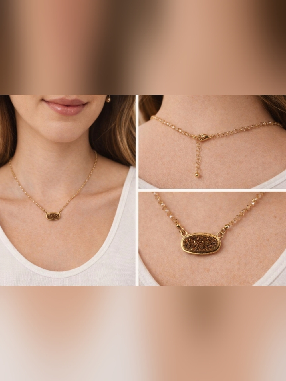 #573 Gold Druzy Pendant Necklace & Stud Earrings Set – Beaded Chain w/ Extender